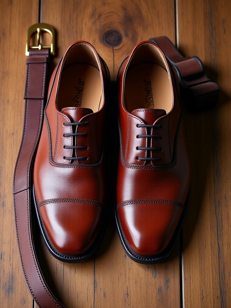 Zapatos de cuero y un cinturón a juego sobre un fondo de madera.